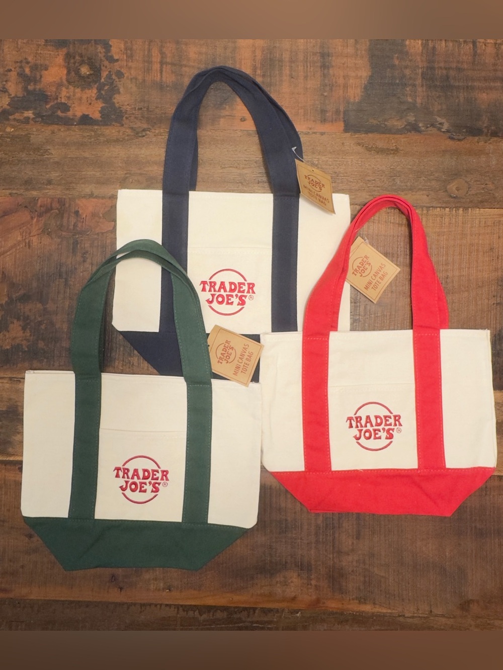 Set of 3 Trader Joe's Mini Canvas Tote Bags - Red, Navy, Green